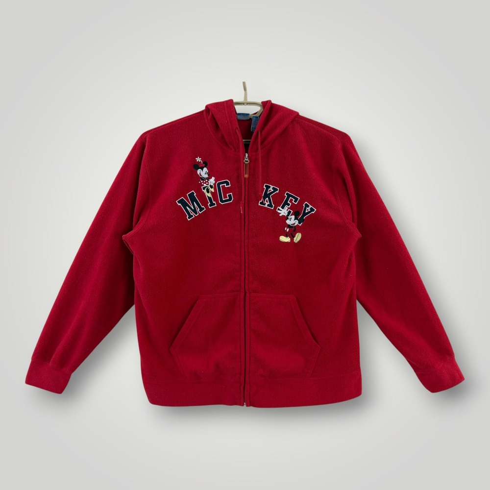 Disney Mickey Minnie Mouse Red Fleece Full Zip Hoodie Sweatshirt Large